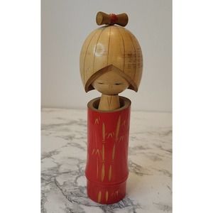 Vintage Red Bamboo Kimono Japanese Sosaku Kokeshi 7" Doll Signed By Artist
